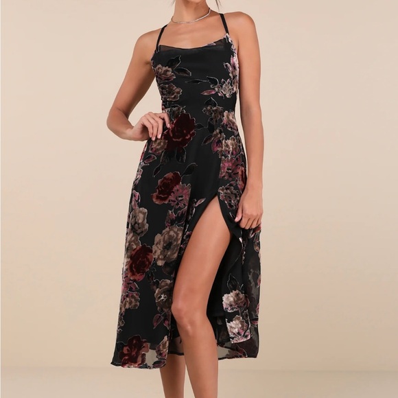 Lulus Black Floral Tie-Back Velvet Midi Dress - Picture 1 of 6